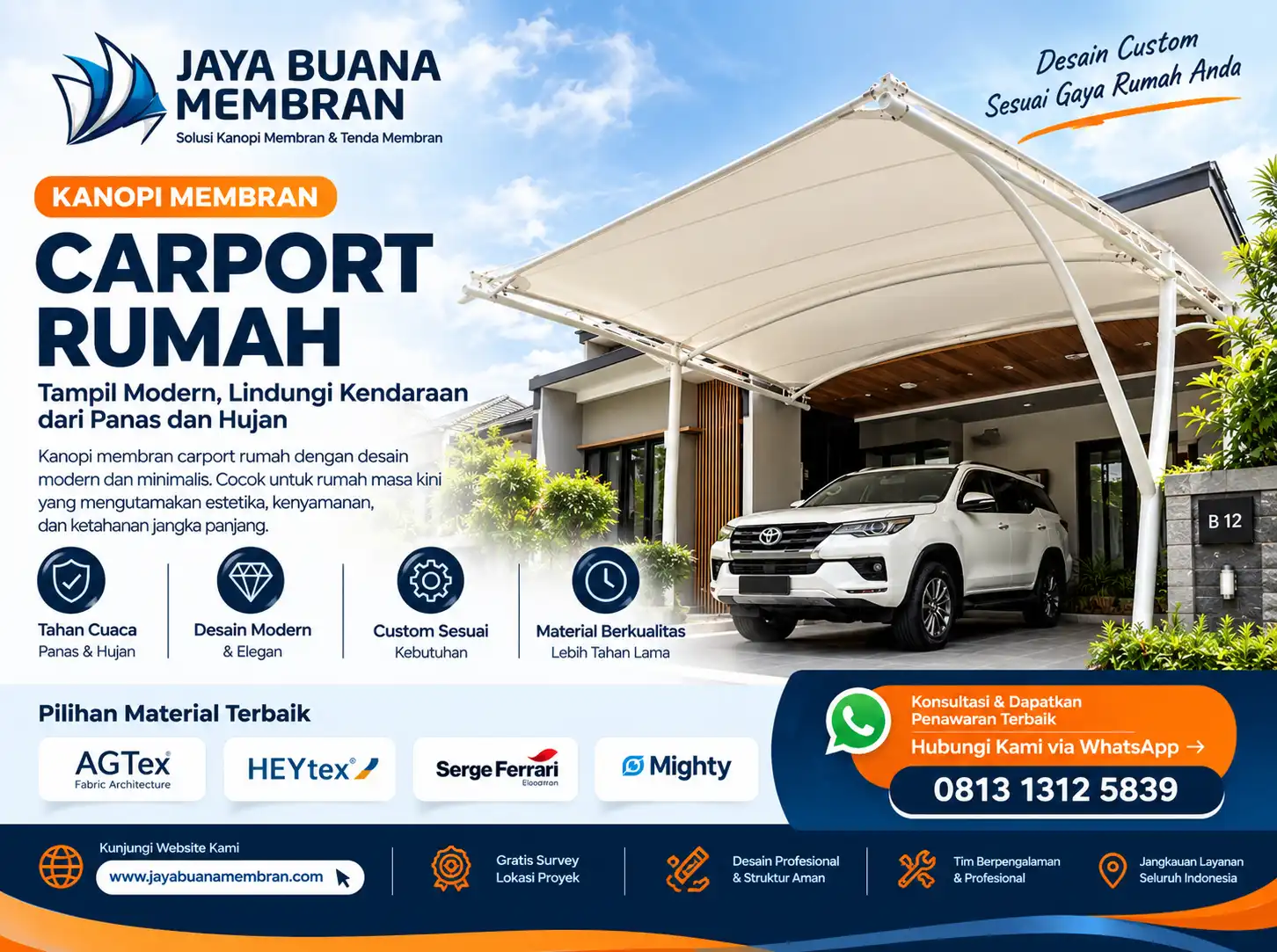 Kanopi membran custom Jaya Buana Membran untuk rumah dan proyek komersial